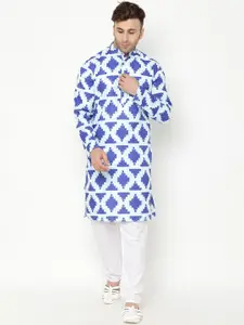 Hangup Men Blue Printed Angrakha Kurta with Pyjamas
