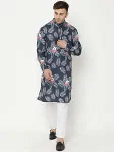 Hangup Men Navy Blue Floral Printed Kurta with Churidar