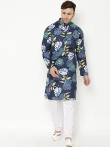 Hangup Men Navy Blue Floral Printed Kurta with Pyjamas
