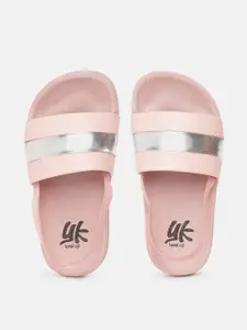 YK Girls Peach-Coloured & Silver-Toned Striped Sliders