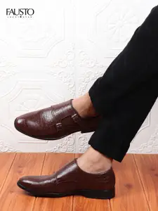 FAUSTO Men Brown Textured PU Double Strap Shoes With TPR Welted Sole Monks