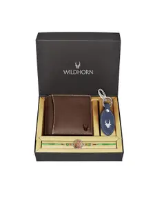 WildHorn Brown Genuine Leather Wallet and Blue Keychain with Rakhi Combo Gift Set