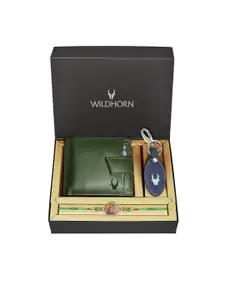 WildHorn Green Leather Wallet and Blue Keychain with Rakhi Combo Gift Set