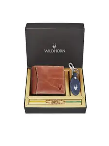 WildHorn Tan-Coloured Leather Wallet and Blue Keychain with Rakhi Combo Gift Set