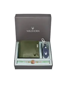 WildHorn Green Leather Wallet and Blue Keychain with Rakhi Combo Gift Set