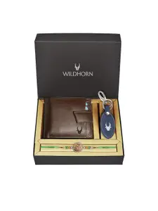 WildHorn Brown Leather Wallet and Blue Keychain with Rakhi Combo Gift Set