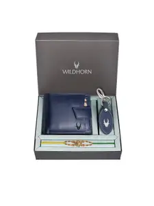 WildHorn Blue Leather Wallet and  Keychain with Rakhi Combo Gift Set