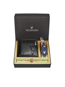 WildHorn Black Leather Wallet and Blue Keychain with Rakhi Combo Gift Set