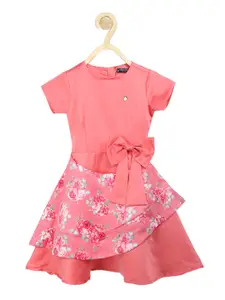 Allen Solly Junior Girls Peach & White Floral Printed Fit & Flare Dress With Bow