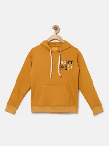 Instafab Boys Mustard Printed Hooded Sweatshirt