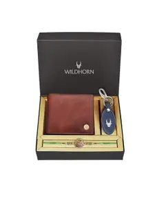 WildHorn Brown Leather Wallet and Blue Keychain with Rakhi Combo Gift Set