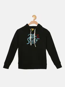 Instafab Boys Black Printed Hooded Sweatshirt