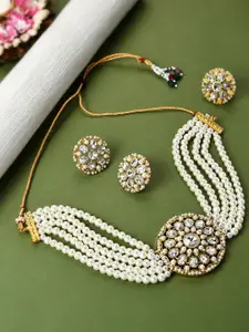 Zaveri Pearls Gold-Plated & White Stone-Studded & Pearl-Beaded Jewellery Set With Ring