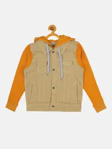 Instafab Boys Beige & Orange Hooded Denim Jacket