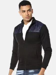 Campus Sutra Men Black Blue Windcheater Outdoor Jacket with Patchwork