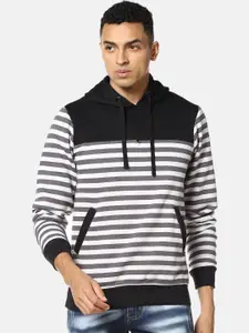 Campus Sutra Men Grey Striped Hooded Sweatshirt