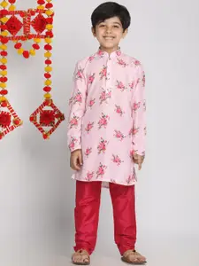 VASTRAMAY Boys Pink Floral Printed Kurti with Pyjamas