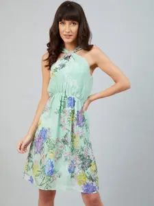 RARE Women Green & Blue Floral Printed Halter Neck Georgette A-Line Dress