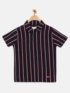 Instafab Boys Navy Blue & White Striped Polo Collar T-shirt