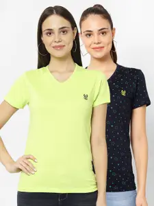VIMAL JONNEY Pack-2 Women Fluorescent Green & Black V-Neck T-shirt