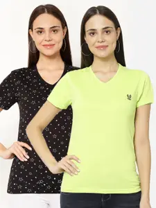 MACK JONNEY Pack-2 Women Black & Fluorescent Green V-Neck T-shirt