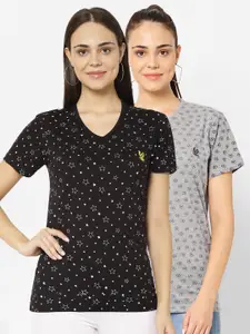 MACK JONNEY Pack-2 Women Grey & Black Printed V-Neck T-shirt