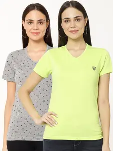VIMAL JONNEY Pack-2 Women Grey & Fluorescent Green V-Neck T-shirt