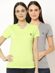 MACK JONNEY Pack-2 Women Grey & Fluorescent Green V-Neck T-shirt