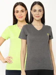 VIMAL JONNEY Pack-2 Women Grey & Fluorescent Green V-Neck T-shirt