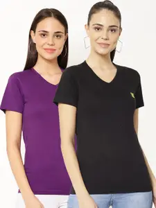 MACK JONNEY Pack-2 Women Black & Purple V-Neck T-shirt