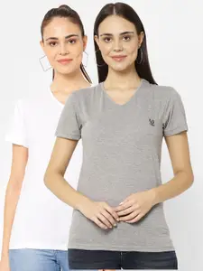 MACK JONNEY Pack-2 Women Grey & White V-Neck T-shirt