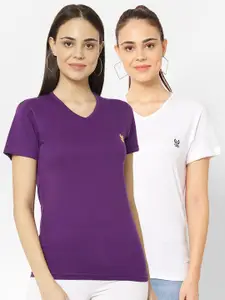 MACK JONNEY Pack-2 Women Purple & White V-Neck T-shirt