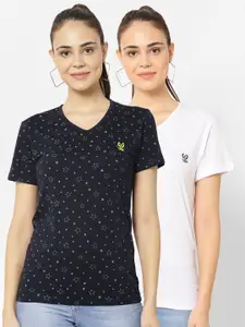 MACK JONNEY Pack-2 Women Navy Blue & White V-Neck T-shirt