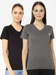 MACK JONNEY Pack-2 Women Black & Grey V-Neck T-shirt