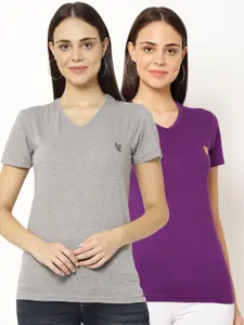 MACK JONNEY Pack-2 Women Grey & Purple V-Neck T-shirt