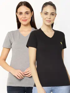 MACK JONNEY Pack-2 Women Black & Grey V-Neck T-shirt
