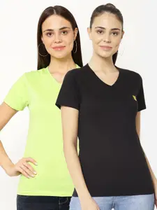 MACK JONNEY Pack-2 Women Black & Fluorescent Green V-Neck T-shirt