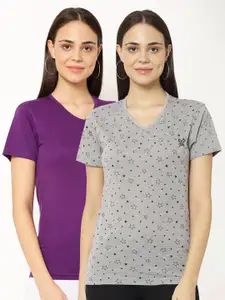 MACK JONNEY Pack-2 Women Grey & Purple V-Neck T-shirt