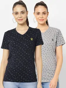 MACK JONNEY Pack-2 Women Navy Blue & Grey Printed V-Neck T-shirt