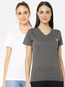 MACK JONNEY Pack-2 Women White & Grey V-Neck T-shirt