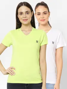 MACK JONNEY Pack-2 Women White & Fluorescent Green V-Neck T-shirt