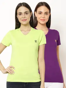 MACK JONNEY Pack-2 Women Fluorescent Green & Purple V-Neck T-shirt