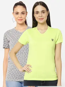 MACK JONNEY Pack-2 Women Grey & Fluorescent Green V-Neck T-shirt