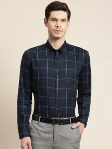 Hancock Men Navy Blue Pure Cotton Slim Fit Checked Formal Shirt
