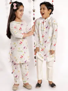 VASTRAMAY Boys Cream-Coloured Floral Printed Kurta with Pyjamas
