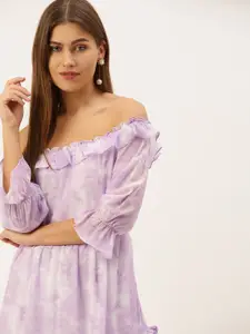 AND Women Lavender & Off White Dyed Off-Shoulder Fit and Flare Dress
