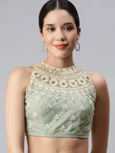 flaher Women Grey Embroidered Net Saree Blouse