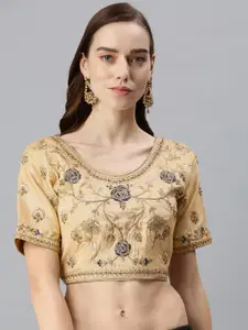 flaher Women Beige Embroidered Art Silk Saree Blouse