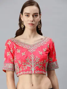 flaher Women Pink Embroidered Art Silk Saree Blouse