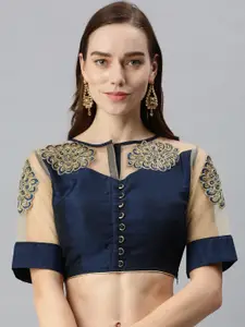 flaher Women Navy Blue Embroidered Art Silk Saree Blouse
